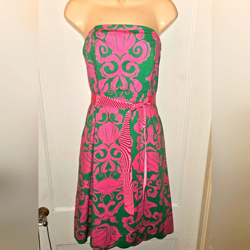 LILLY PULITZER STRAPLESS SUNDRESS SIZE 2 HOT PINK AND GREEN